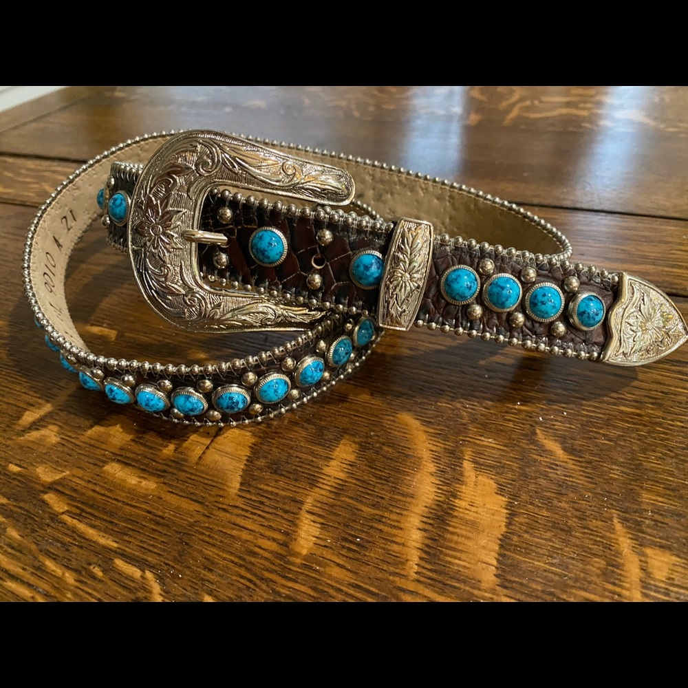 bb Simon chocolate croc turquoise belt